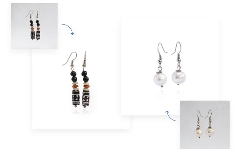 Image demonstrating background being removed from product photos of two sets of earrings