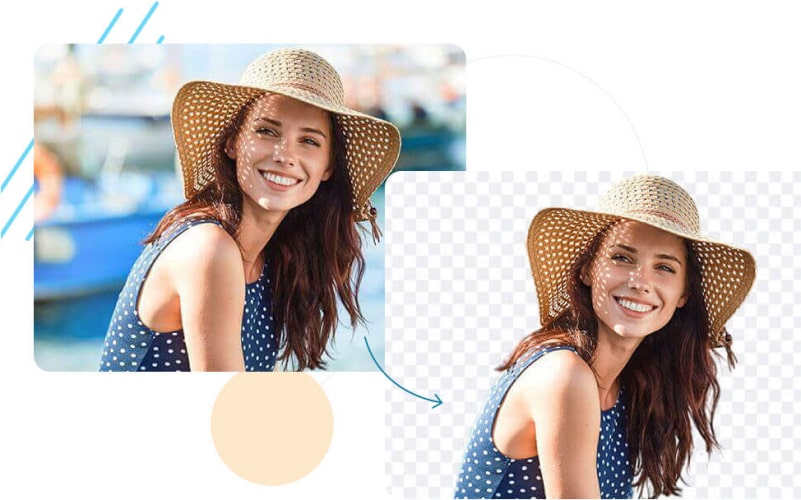 A stylized image of a girl in a sun hat and the image with its background removed. They even managed to remove the background from hair!